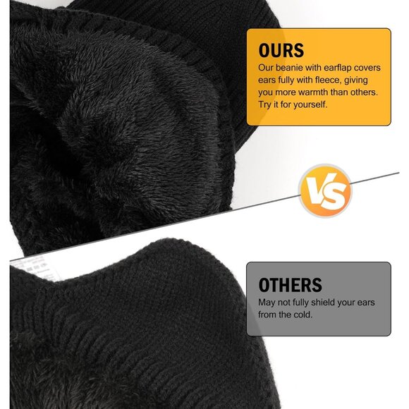 Men's Brown Winter Beanie Brim And Ear Flaps Outdoor Warm Fleece Lined Knit Hat - Picture 2 of 6